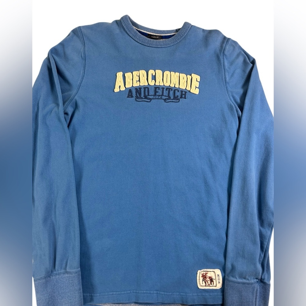 ABERCROMBIE & FITCH‎ Spellout Crewneck Shirt Blue Y2K Moose Patch Logo Tee M